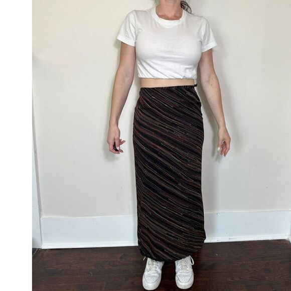 Vintage HAROLD'S Black Multi Striped Midi Skirt Size 2 - Picture 1 of 4